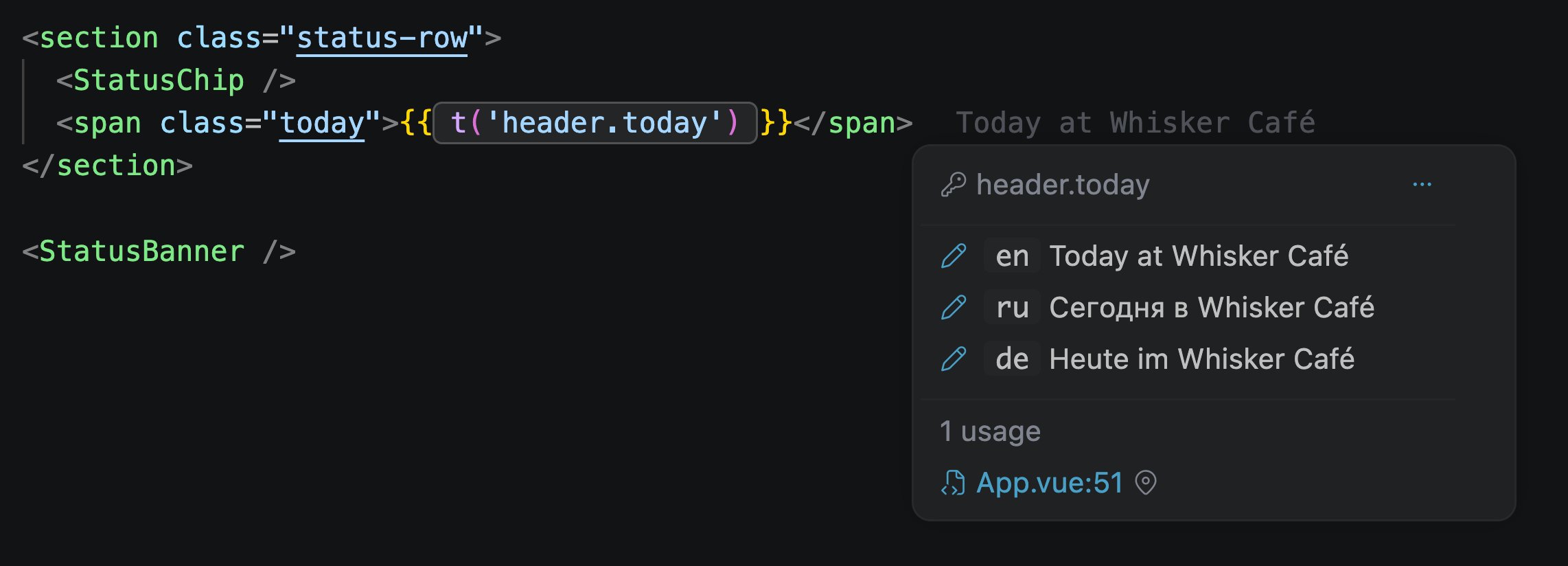 Loccy hover menu showing all translations for a keypath with quick actions