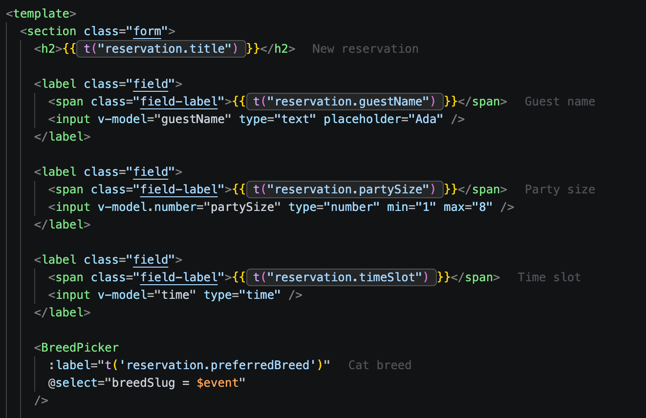 Code with Loccy inline translation previews shown next to each key