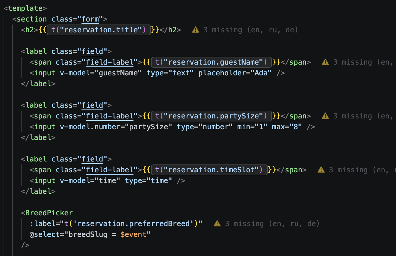 Inline previews showing a "3 missing (en, ru, de)" warning next to keys