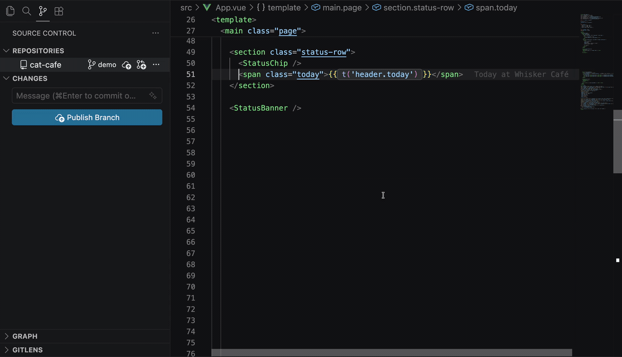Editing a translation in place from the Loccy hover menu