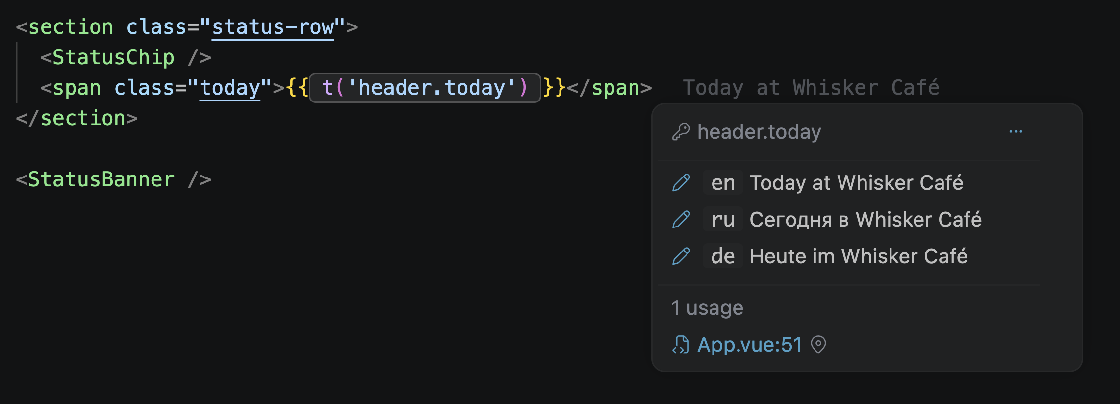Loccy hover menu showing all translations for a keypath with quick actions