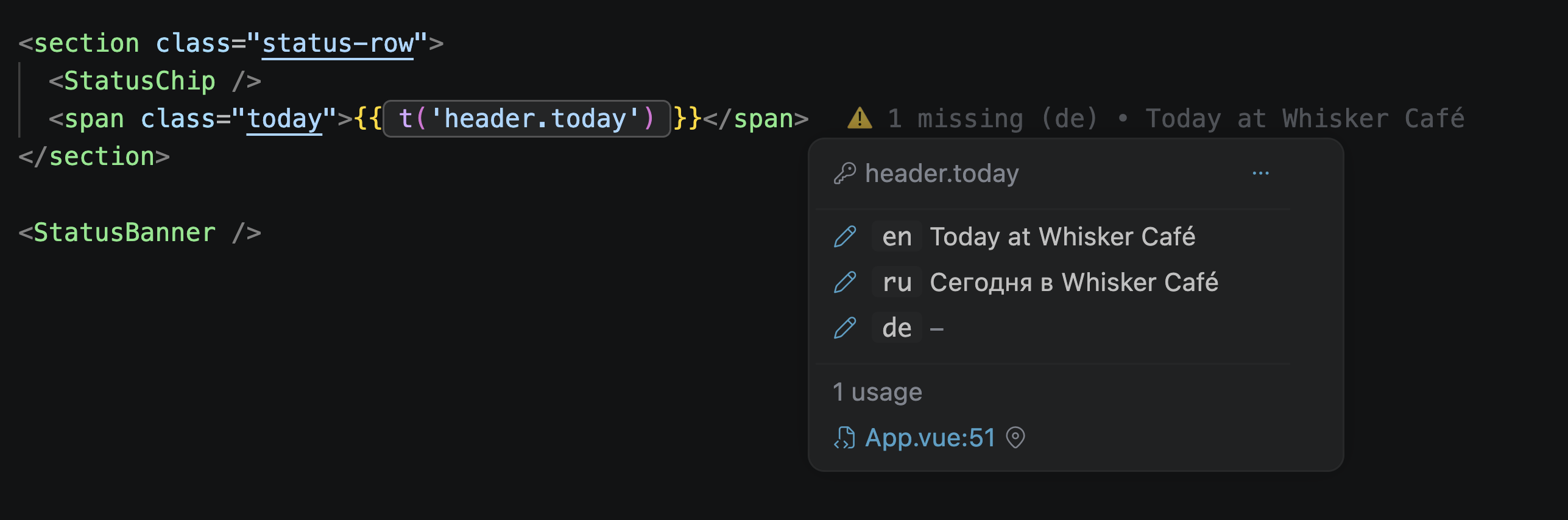 Inline preview showing a missing-translation warning listing the affected locales